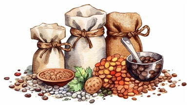 clipart, watercolor, Coffee beans spilling out of a bag or jar, soft tones, food art, clipart, clear border, hd, on white background,