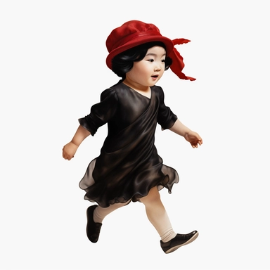 Singer Yoko Ono as a 2 year old toddler, wearing a classic black satin chanel dress, red shoes, red velvet bowler hat, gold silk scarf, dancing, irradiant facial expression, plain white background, clipart