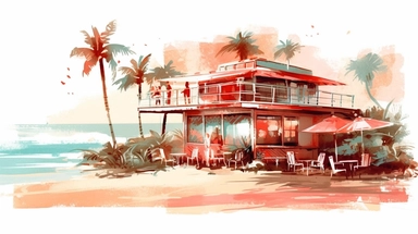 Beach Coffee shop clipart water color light red retro style