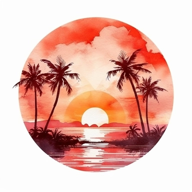 circle, tropical beach sunset, glowing sun, watercolour, red orange, detailed, clipart, white background
