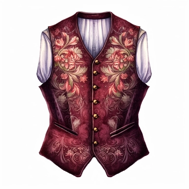 A beautifully patterned Victorian waistcoat in varying hues of captivating burgundy, hinting at the gentleman's mysterious demeanor, Clipart, watercolor, white background, intricate detail.