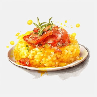 Risotto alla Milanese: Saffron-infused rice dish, often served with osso buco, watercolor clipart illustration, flat blank transparent background, food photography, soft cinematic lights, juicy, bright, high quality, ultra detailed, 32k