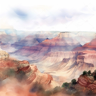 vast panoramic view, full view, illustration clipart, soft watercolor, beautiful grand canyon landscape, sharp focus, high detail, romantic, fantasy, ethereal, transparent background