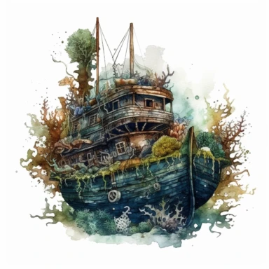 Horror style overrealistic mystical submerged pirate ship covered mosses and seashells bottom of the sea with watercolor effect, dark blue water, dark green mosses, deep water, sea plants, coral and mussel, , random fishes, undersea details, suitable for digital clipart, white background