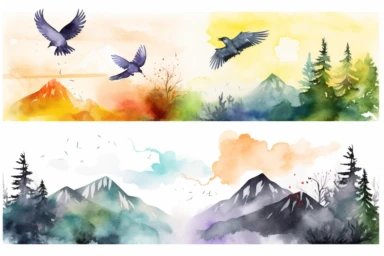 Mountain Scene Forest Clipart, Four seasons, bird flying around, the sun rise behind, with a transparent background, Watercolor Illustration, natural lighting, hot color,
