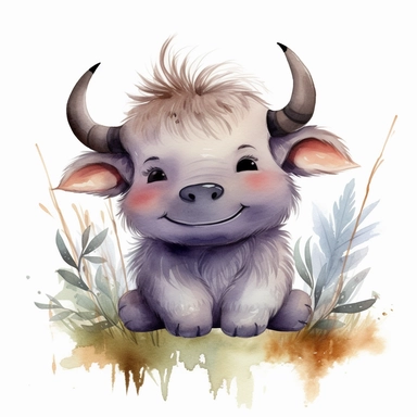 watercolour Happy Baby Buffalo Cartoon Clipart, Cute, no text