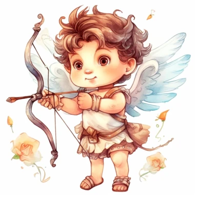 Fantasy Style Ancient Roman style Young happy Boy Cupid God flying sky and holding arrow and bow with watercolor effect,pinky cheeks,beautiful white little wings,suitable for digital clipart,white background,Mythologic Scene,Ancient roman fashion Clipart ,Cartoon,hyper realistic, intricate detail, illustration style,high solution,on the white background