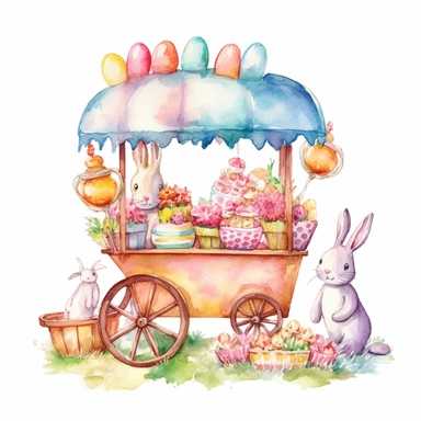 whimsical watercolour clip art against a white background easter themed white candy cart