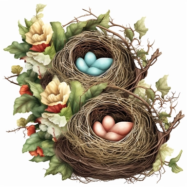 Capture the allure of an Enchanting bird nests in the garden . Craft an ultra-detailed, 8K quality clipart without signatures or distracting lines. Embrace realism and artistry, showcasing intricate floral blooms and lush foliage. Set against a clean, white background for maximum versatility. Create a high-quality clipart that resonates with American women, evoking a sense of tranquility and natural beauty. Let your artistry transport them to a captivating garden escape