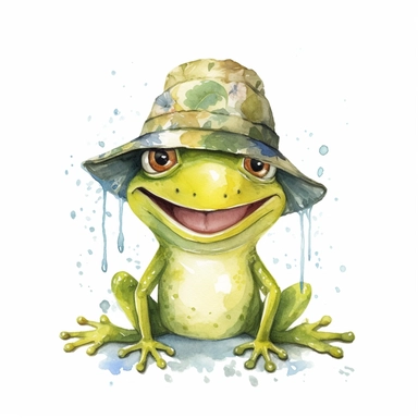 Cute happy smiling frog, clipart with whimsical watercolor illustration, cartoon style, wearing summer bucket hat, smiles, childish, disneyartwork, high solution, white background