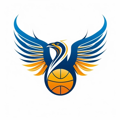 simple basketball team logo with stork wing icon clip art style, blue, yellow on white background