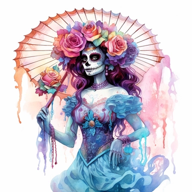 Day of the dead la catrina in the style of water color painting, full body , vibrant colors, on a white background style by Lucy Fleming, watercolor, smooth gradients, black contour outline, ultra detailed, clipart elements, delicate pastel colors, solid white background, super clear, high qua lity