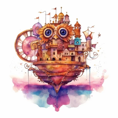 Clipart with white background: Capture the allure of an alternate reality by painting a steampunk fantasy owl against a backdrop of towering airships and floating islands watercolor