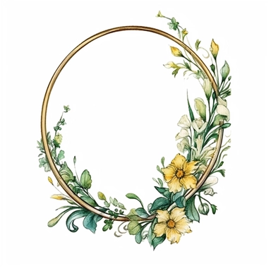 watercolor clipart of a empty suttle dainty floral oval frame surrounded by gold color flowers and emerald green flowers. Capture the essence of blooming beauty and intricate details in your artwork, white background