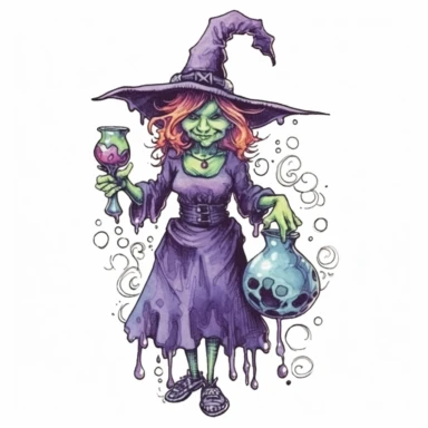 witch holding a potion, full body Clipart, hand draw Illustration clipart, 4K, extremely detailed, isolated on white background