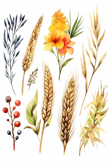 watercolor different grasses and cereal plants, solid background, clipart