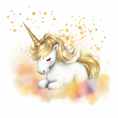 one gold glitter unicorn clipart with a rainbow an fluffy gold clouds,, white background