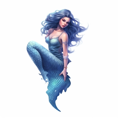 beautiful coloured mermaid girl, full body, fish tail, swimming, blue hair, paint art style, clipart, white background, superrealistic, one of a kind