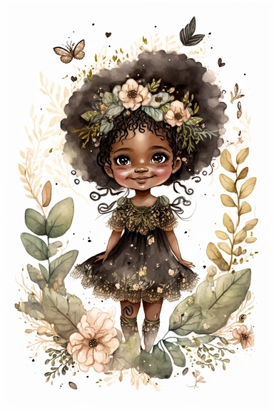 cute little fairy girl, black princess, flowers around, smiling, full body, nice worm eyes, watercolor clipart, intricate details, white background