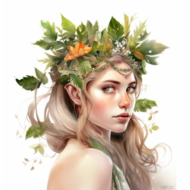 watercolour clipart of beautiful woodland elf, hair tucked behind pointy ears, detailed character illustrations, fantasy illustration, close - up, multilayered realism, goblincore, delicate flowers, forest greenery, enchanted, pretty, majestic, magical, detailed, face only, UHD, 8K, 3D, solid white background