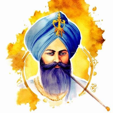 a clipart of a ultra detailed watercolor Guru Nanak with the The Khanda as background, v4 ar 2:3