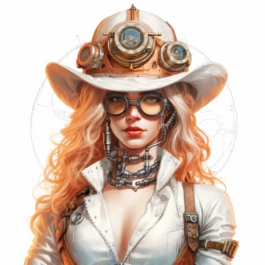 Solid white background. Waist-up portrait of a beautiful steampunk lady with a captivating gaze and a delicate smile. Her radiant white skin tone enhances her pastel peach and bronze attire, showcasing Victorian aesthetics and steampunk mechanical motifs. Her hat, featuring built-in goggles, complements her ensemble. No steampunk elements in the backdrop. Pastel clipart, hyper-realistic, retro-futurism, solid white background