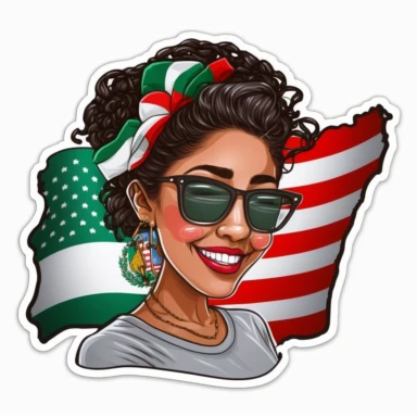 Pretty smiling Hispanic young woman with a t - shirth with the mexican flag, sombrero, , hair in a messy bun and sunglasses realistic cartoon style clipart sticker