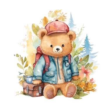 cute happy baby teddy bear wearing clothes camping activities clipart watercolor style in nature bright colors white background
