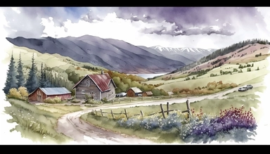 Beautiful scene containing rolling hills, flora, reminants of an old farm and a memorable sky. Alaska. highly detailed watercolor clipart scene.