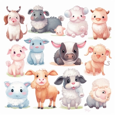 A collection of watermark clipart designs showcasing cute and cuddly farm animals, including a plump and jolly pig, a wide-eyed calf, and a fluffy sheep, each with charming Disney Pixar-style designs and a white background.