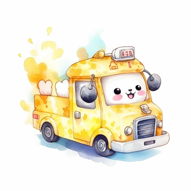 watercolor illustration of adorable cute Emergency vehicle kawaii, digital art, concept,art,8k,hd,kawaii,isolated,detailed,white backround, clipart