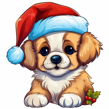 clipart digital svg cartoon of cute and cheeky fluffy puppy with a Christmas hat, on a white background