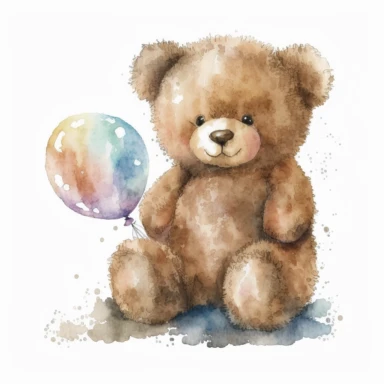 Watercolor brown fluffy jointed plain Teddy Bear with a pacifier, clipart, happy, white background, no captions or text