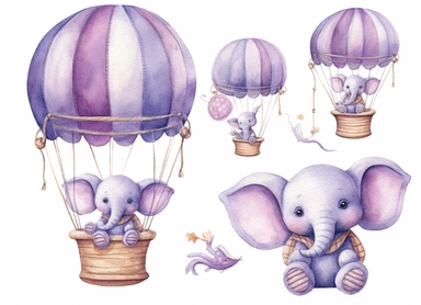 watercolor cute little baby elephant in a hot air balloon, in the style of light silver and light purple, victorian-inspired illustrations, nature-inspired pieces, 5 sets of clipart different playful compositions, plush doll art, high resolution, isolated on a white background