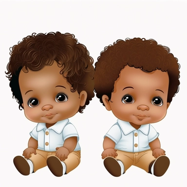 2 adorable and cute fraternal twins, happy or smiling with light brown eyes, animated, biracial baby boys, multiple poses, on white background, clipart