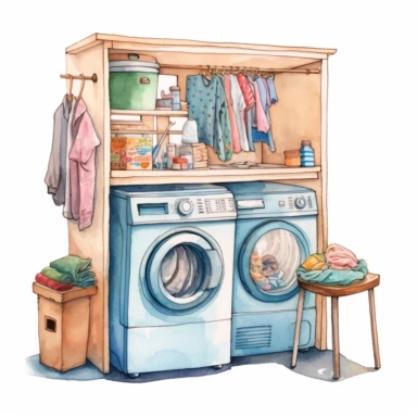 A hyper - realistic detailed watercolor illustration,Whimsical watercolour cute clip art laundry room,isolated on white background with margins, cut - out image