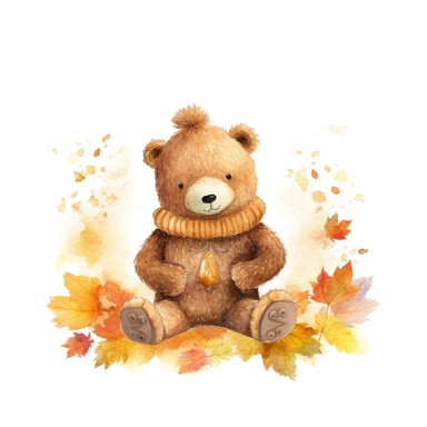 A bear autumn-themed, full color, knitted painting texture, Perfect for nursery art and children's book illustration style, simple, cute, full color, clipart, watercolor illustration, single object, high definition 8k, white background for removing background