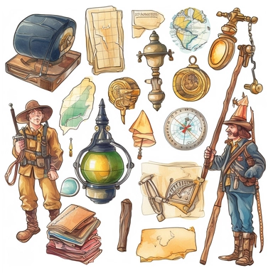 Design a set of adventurous clipart images, depicting explorers, treasure hunters, and adventurers in various exciting scenarios. Include elements like maps, compasses, binoculars, and backpacks to set the stage for thrilling journeys.