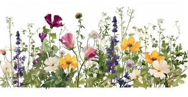 Pressed boho cottagecore snapdragon, cosmos, lupine, anemone and columbine floral border wildflowers with green foliages floral nature garden border, clipart with white background