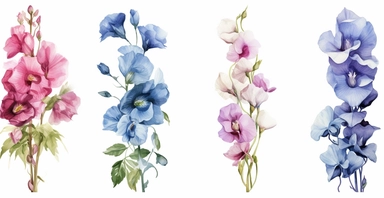 Watercolor realistic Hollyhock, iris, morning glory orchid and peony floral cliparts with white background