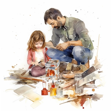 Father and child working on a DIY home improvement project, water color style, clipart, white background