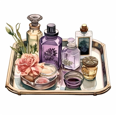 watercolor, hyper realistic, white background, white margins, 16k, ultra detailed clipart, cut out image, hand-drawn An antique-inspired vanity tray with vintage perfume bottles arranged on it, accompanied by a mirror, a brush, and other beauty accessories. Use soft and muted colors such as dusty rose, antique gold, lavender, and sage green for a vintage-inspired palette