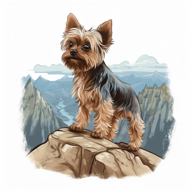 Capture the quiet majesty of a cute yorkie dog as they stand atop a mountain peak, surveying the vast expanse of land below with a sense of awe and wonder, high detail, intricate details, photorealistic, hyper realistic, vector, 8k, svg, watercolor, contour, clipart, extreme render, isolated, white border, white background ar 4:5 v5
