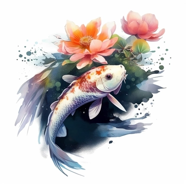 beautiful japanese a koi fish in dark pond, lotus flower and leaves, watercolor style, Sublimation Clipart,hyper realistic, intricate detail, illustration style,high solution,on the white background