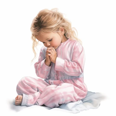 Watercolor cute praying little girl, kneeling by bed, pastel pink pajamas, beautiful details, ultra detailed, ultra photo real intricate detailed, high definition, graphic clipart, hyper realistic, detailed, white background