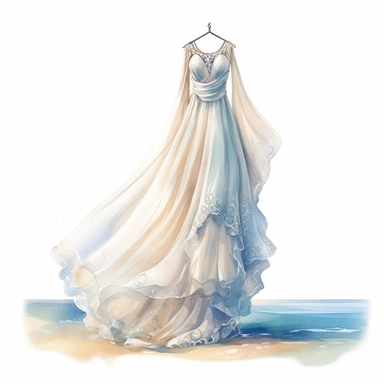 Design a captivating watercolor clipart of a beautiful wedding dress in white, showcasing its lightweight fabric and delicate details, capturing the essence of your romantic beach wedding attire ,Weeding on the beach, Watercolor, Detailed, sweet, majestic