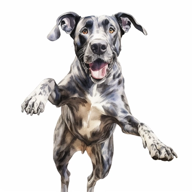 high detailed, Hand drawn watercolor clipart of a Great Dane excited to greet owner, on a pure white background for background removal, no shadow, no paint splash