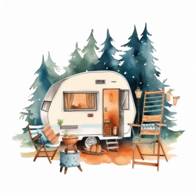 Camping style cute caravan in the campground at the night with watercolor effect, night landcsape, camping tools, camping chairs and table, caravan pengola, forest landscape, suitable for digital clipart, white background