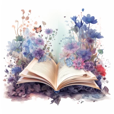 fantasy scene coming out of an open book, secret garden, florals, magical, watercolors, Clipart, pastel blue color theme