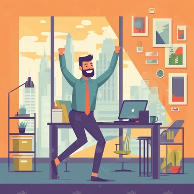 clipart scene of a man working in an office, Alegria style, corporate memphis style, flat art, bold colors, upbeat, happy, friendly, high resolution, 8k